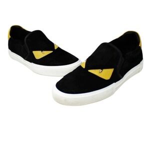 Fendi Monster Eye Slip On Black/Yellow Suede Leather Sneakers Size 5 MSRP $1295